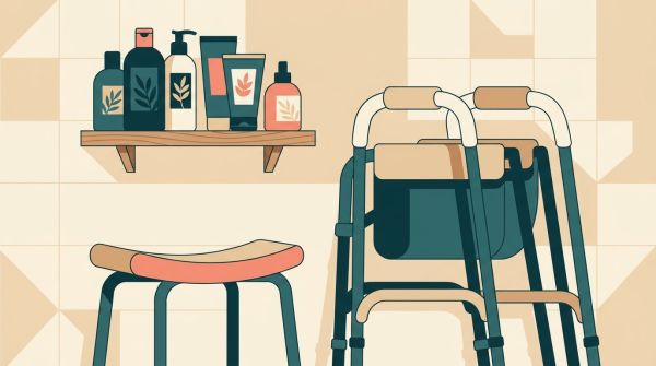Illustration: Pflegehilfsmittel wie Handschuhe, Desinfektionsmittel und Rollator