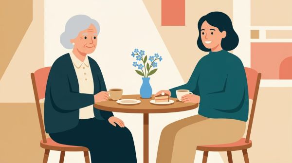Illustration: Ältere Frau mit Demenz und eine Betreuerin sitzen bei Kaffee im Demenz-Café
