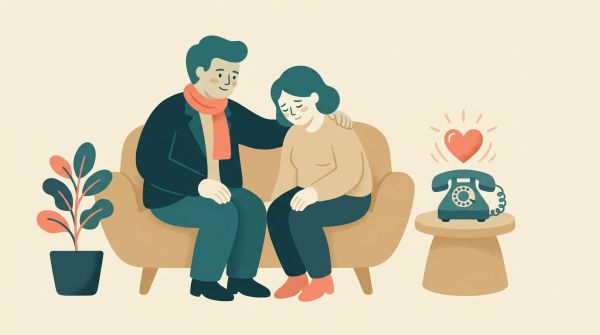 Illustration: Angespannte Situation in der Pflege, daneben ein Hilfsangebot per Telefon