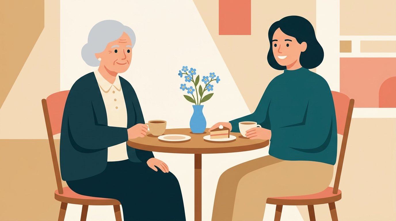 Illustration: Ältere Frau mit Demenz und eine Betreuerin sitzen bei Kaffee im Demenz-Café