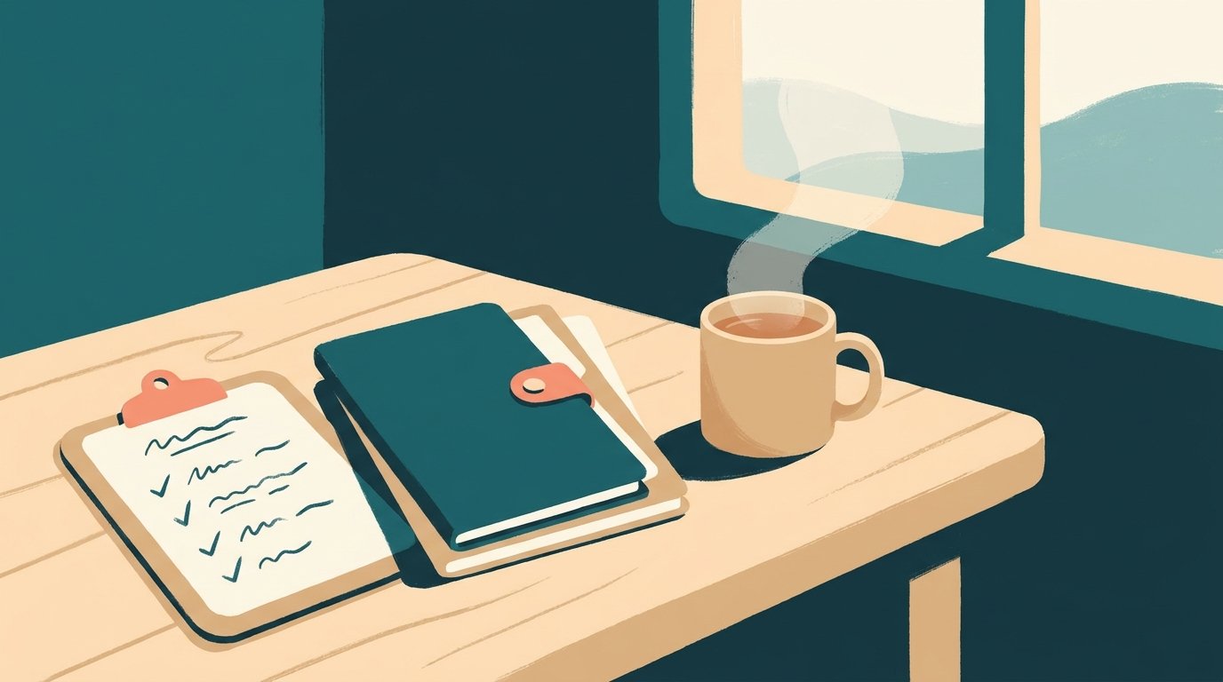 Illustration: Checkliste zur Vorbereitung auf die MD-Begutachtung mit abgehakten Punkten