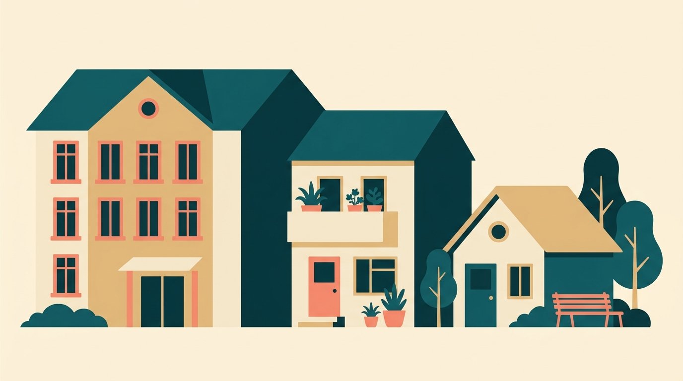 Illustration: Drei Wohnformen im Vergleich – Pflegeheim, Pflege-WG und Betreutes Wohnen