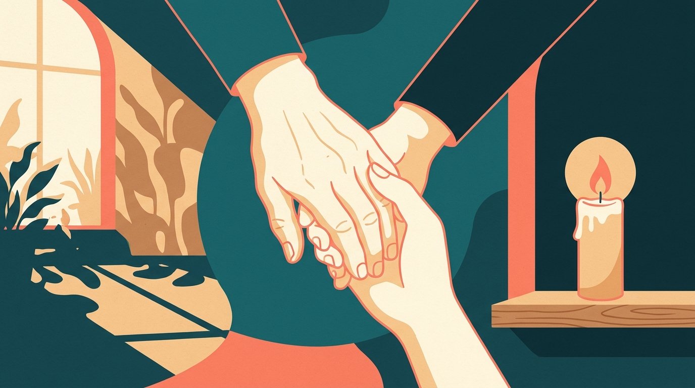 Illustration: Pflegekraft hält behutsam die Hand eines Menschen in der Palliativbegleitung