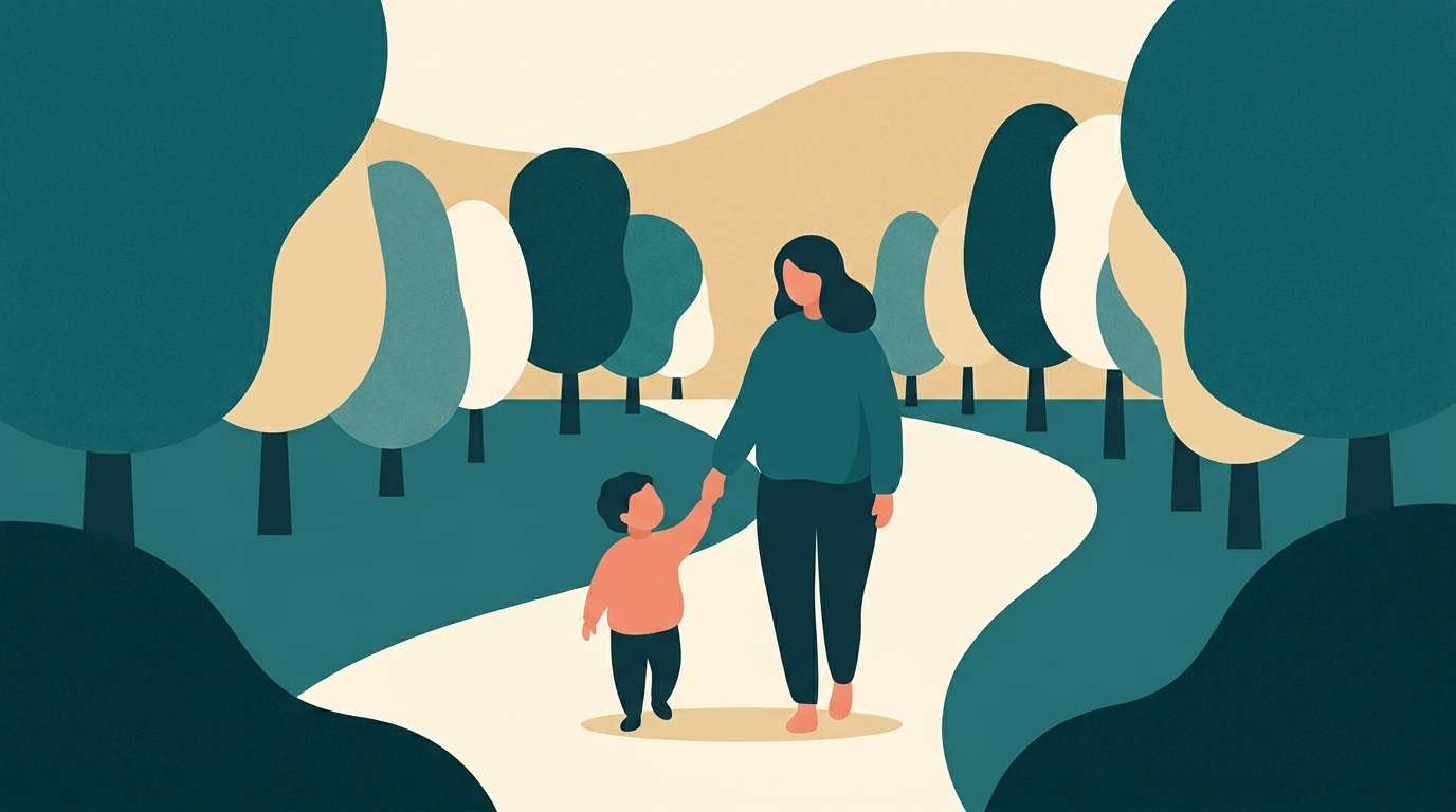 Illustration: Kind und Elternteil unterstützen sich gegenseitig im Pflegealltag