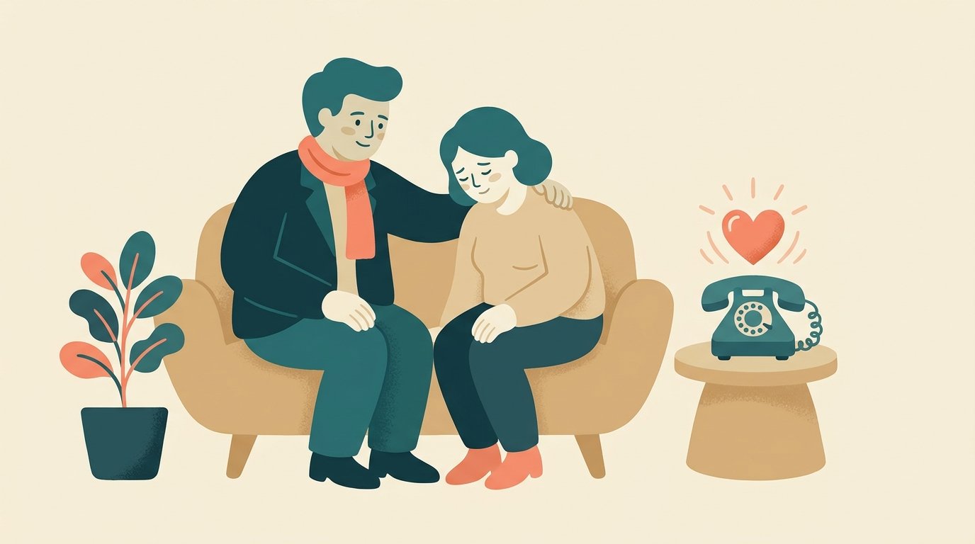 Illustration: Angespannte Situation in der Pflege, daneben ein Hilfsangebot per Telefon