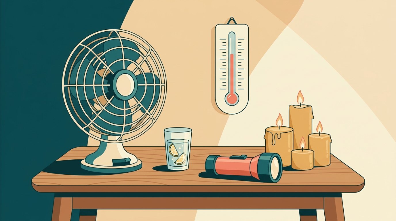 Illustration: Vorratsbox mit Wasser, Taschenlampe und Kerzen für Hitze und Stromausfall
