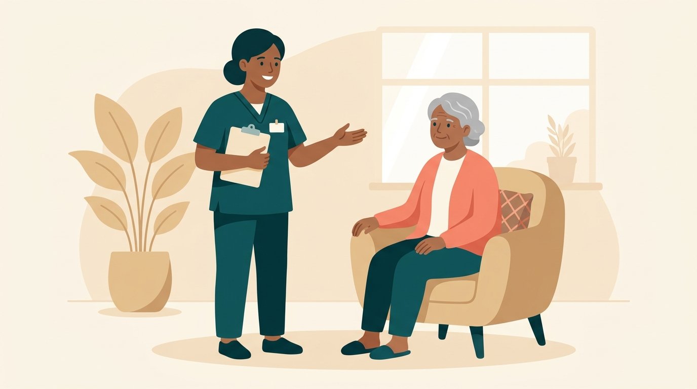 Illustration: Gutachter mit Klemmbrett besucht eine ältere Person zu Hause