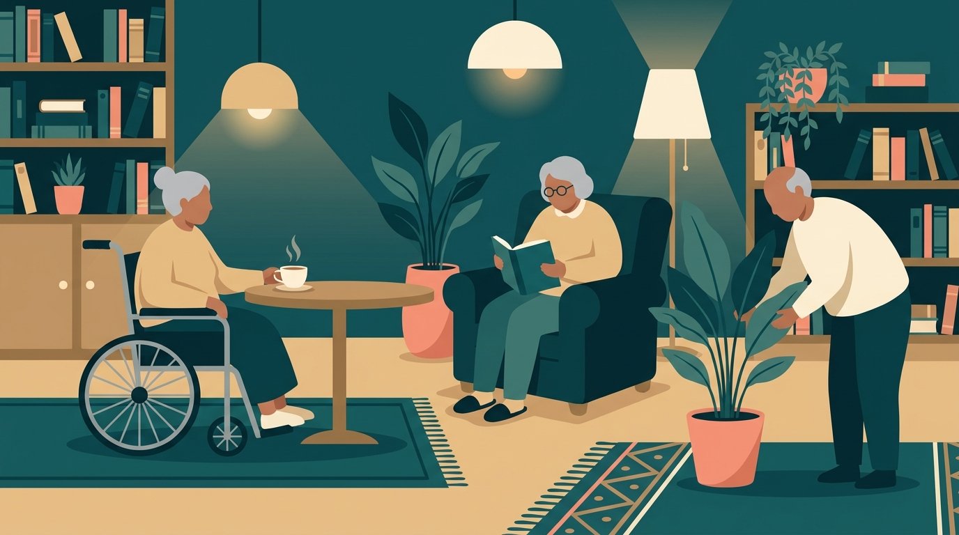 Illustration: Bewohnerinnen und Bewohner einer Pflege-WG am gemeinsamen Esstisch