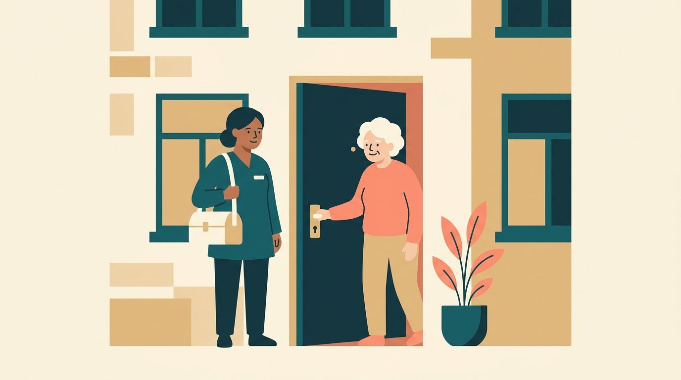 Illustration: Pflegedienst und Angehörige teilen sich die Pflege – Sach- und Kombinationsleistung