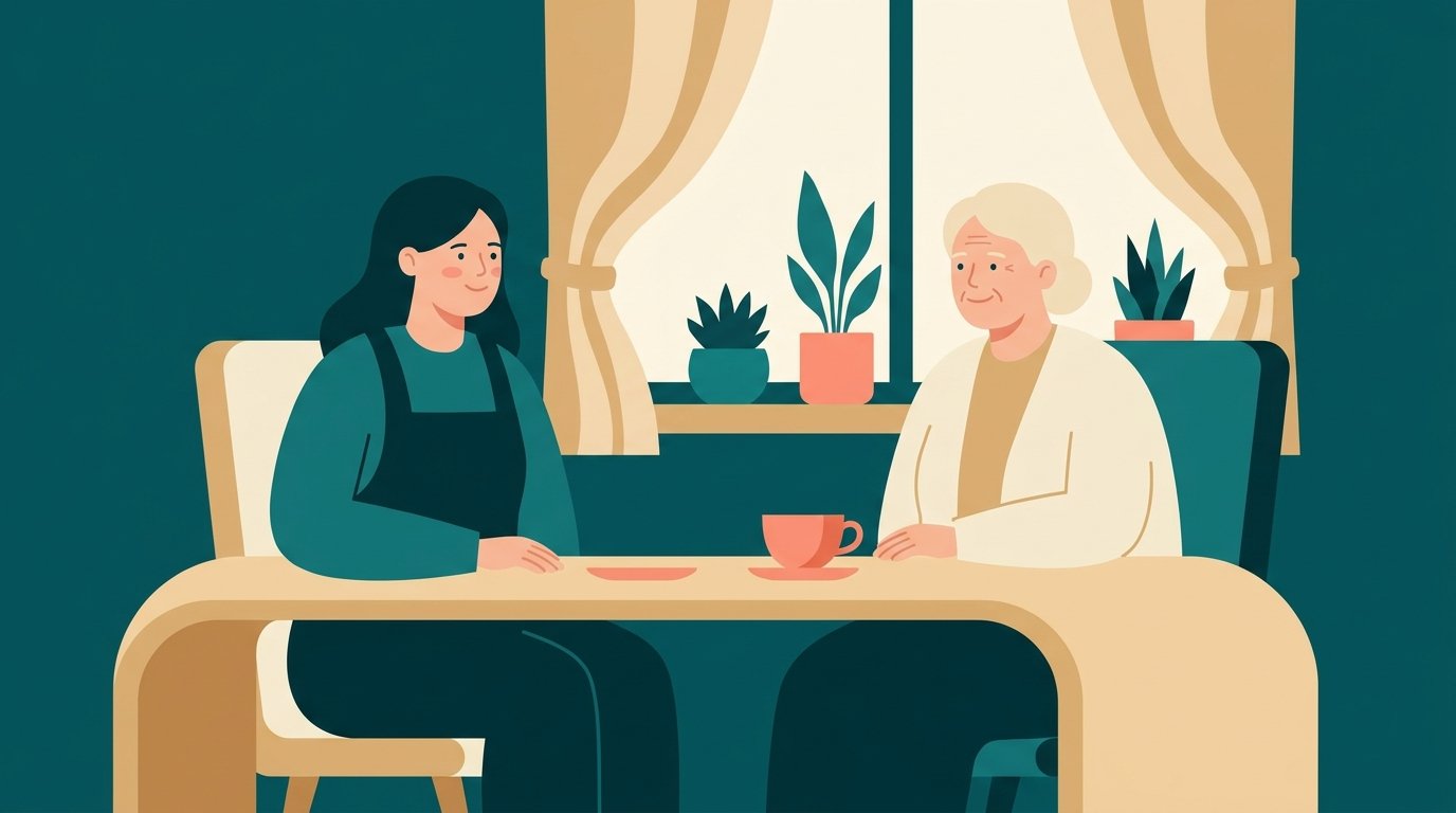 Illustration: Kostenlose Beratung im Pflegestützpunkt an einem Beratungstisch