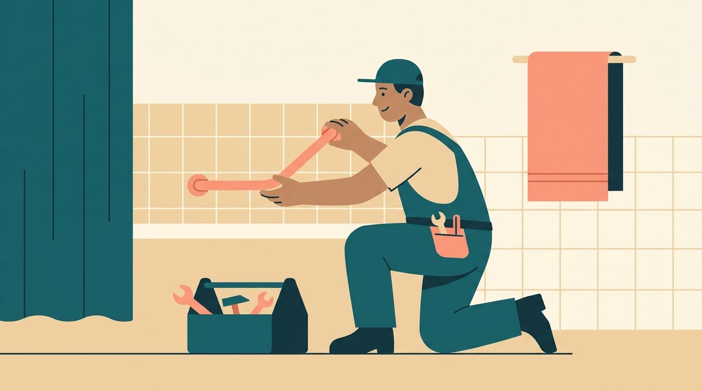 Illustration: Barrierefreier Badumbau mit Haltegriffen und bodengleicher Dusche