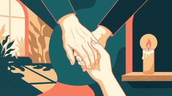 Illustration: Pflegekraft hält behutsam die Hand eines Menschen in der Palliativbegleitung